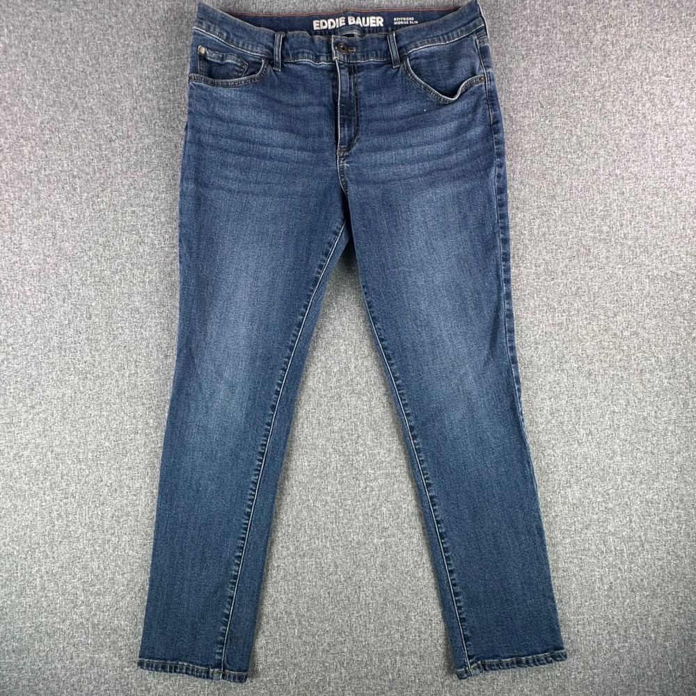 Eddie Bauer Jeans Womens 12 Boyfriend Midrise Slim Blue Denim Stretch Excellent